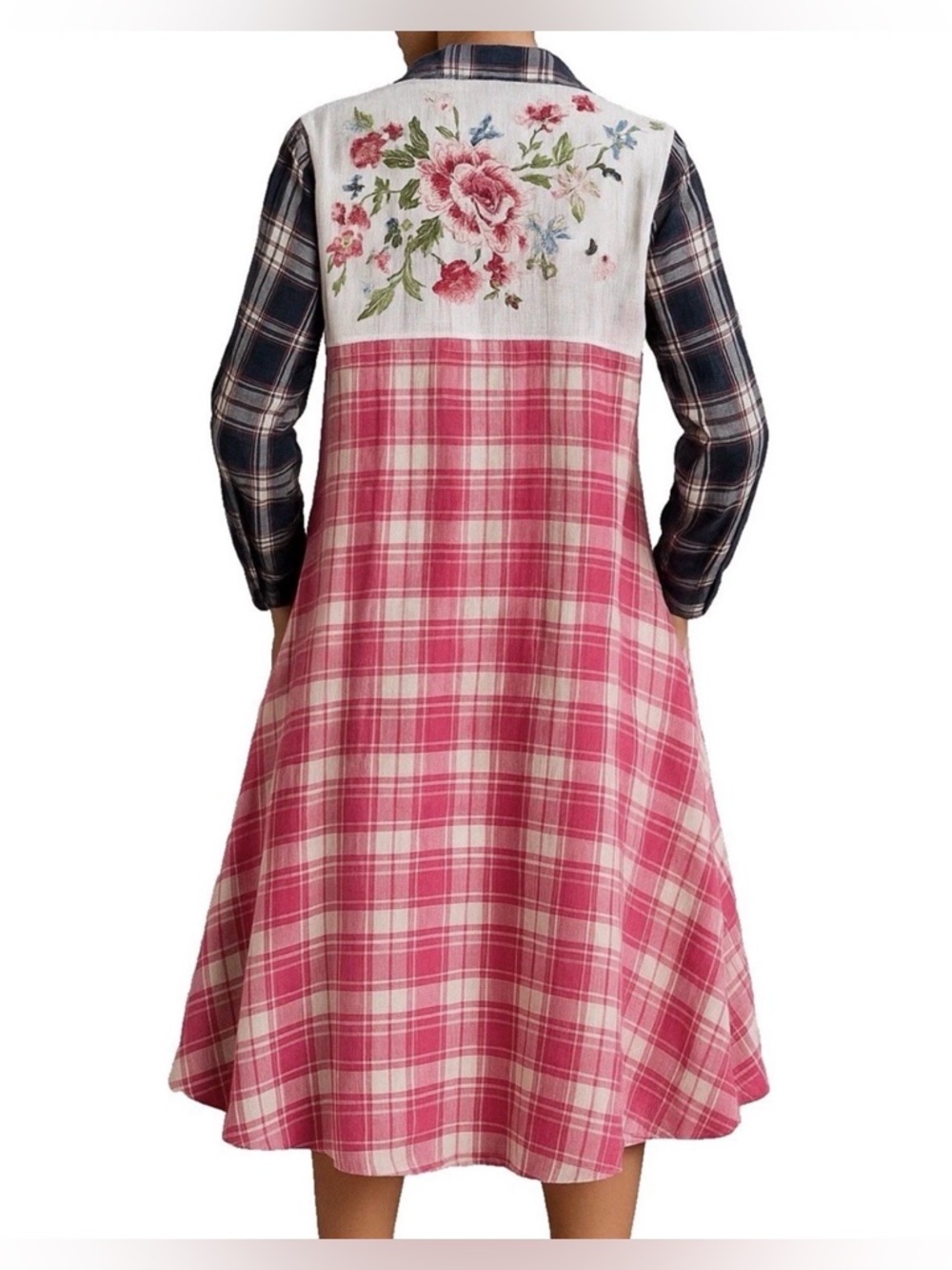Philosphy Floral Embroidered Plaid Dress Roll Tab Sleeve M Cowgirl Festival